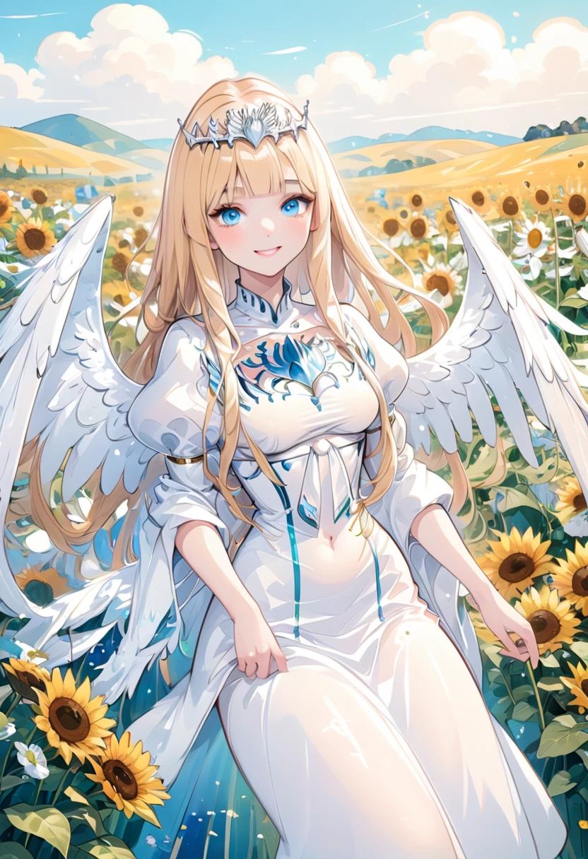 (masterpiece, best quality, 8K HD, colorful ink painting, watercolor splashing pencil drawing), Calca Bessarez, blonde hair, extremely long hair, white tiara, white dress, blunt bangs, (enormous white wings:1.3), (very big wings:1.2), (upper wings:1.1), light blue eyes, solo, 25 years old, mature female, a beautiful smiling girl, her hands on her cheeks, sunflowers and wildflowers on her hair, anime style, full body portrait, detailed character design, complex clothing and design, digital art style, white background