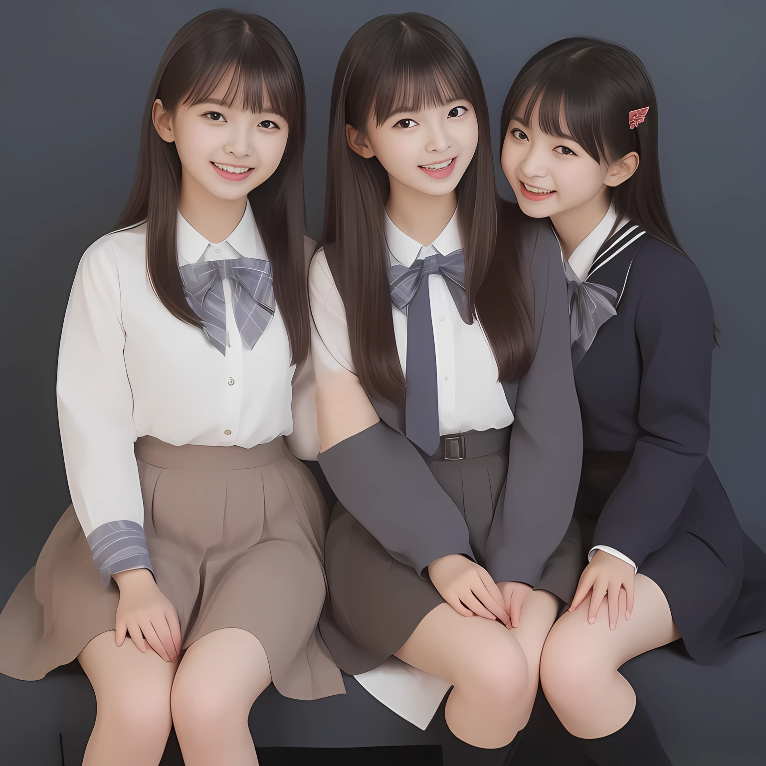 (Highest quality, masterpiece:1.2), Highest quality, High resolution, 1080P, 8k, (Two 13yo Japanese slender 清楚美少女アイドル are seated and give strong subliminal sexual invitation and temptation, cute skirt with beautiful knees, looking at the viewer, viewer's first lover, can't stop showing cute smile open mouth because of feeling the viewer too ridiculous, very white-white face, very proud of her long straight black hair, using face-whitening cosmetics, 13yo 美少女's eyes, Small pupils, laughing giggling most open mouth, too expensive navy sailor-styled school uniform, well-straitened super-long well-trimmed long hair, evenly neatly trimmed girly cute bangs: 1.5), (Laughing blushed cheeks with dimples), (Well-balanced, impressive, very intelligent, double-eyelids, black shining large eyes of 13yo 美少女 with detailed: 1.5), ((Beautiful well-figured glossy opened laughing lips: 1.2)), (mature breast), (The viewer is forced to madly kiss her breast ribbon), (Very beautiful, super-glossy, cute neat black amazingly long hair, straight well-done long hair-style: 1.3), (plain blue background: 1.6), (((Completely balanced beautiful big cool eyes: 1.3))), (eyes, face and hair are especially beautifully detailed and beautifully drawn: 1.5), (She makes the viewer drink her love ribbon: 1.2), (the viewer become crazy and can't stop bursting and running every liquid to 清楚美少女, 美少女 is surprised : 1.7), (School uniform, too-cute slender 13歳 super-long-hair Japanese 美少女 idol twins are laughing at me and unties the breast button and make the viewer drink it: 2.0), (Super long hair super-beautiful magically-bewitching 美少女 super-cute face navy-sailor-suit school-uniform pretty slender 美少女 of 美少女 photo magazine in the 1990s: 2.0), (Atmosphere and expressions and all the symbols are cleverly devised traps to force the viewer fall quickly into eternal deep deep unreal sexual pleasure of beautiful girl's inevitable embrace hypnosis: 2.0)