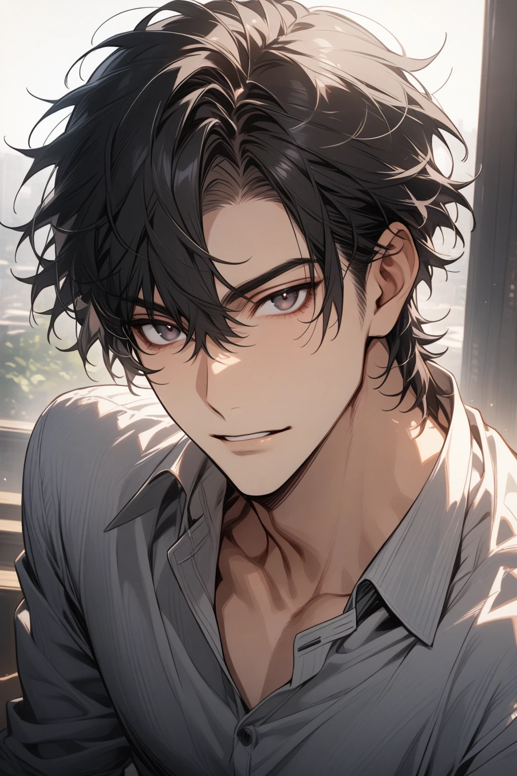 Man, handsome, short black hair, dark eyes, shirt