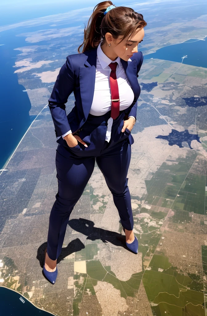 Giga Giantess art 1:4, two highly detailed giga giantess, ginger hair,bbw white woman full body view, 1000 miles tall giga giantess, giga giantess so massive the world is very small to her, huge breasts, steel blue suit with trouser waist coat and blazer, white tailored shirt done up thick and very large red Windsor knot tie, ties length reaches just passed the top of trousers, Has long full wavy ponytail, Wearing a pair of  polished round toe court heels Professional attire A look of enjoyment, Beautiful appearance, smile, horny (view from the ground)giga goddess, full body view, standing striaght, stomping on very tiny but massive continent, facing towards camera