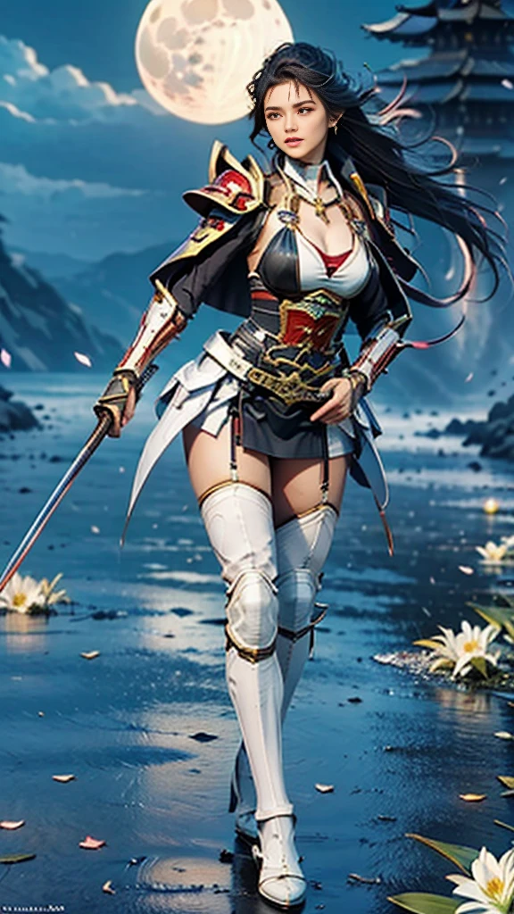 Sexy female character wearing white armor as a warrior from the Sengoku period 、((french braid hair))、((onyx black hair))、((toned body))、(glistening skin)、 toned body、((mega breasts 1.8))、 plump breasts 、 plump thighs 、 The white armor with a lily pattern engraved on it is a bikini type and is designed to emphasize chest exposure、(  wear a cloak with a lily flower pattern )、bustle skirt、 purple shin guard with lily flowers engraved on it 、White high-leg underwear 、White tights、 absolute domain、acrobatic Anguru、acrobatic pose、Noble and elegant atmosphere、 The background is a battlefield with lilies in full bloom 、(( full moon:1.2))、night、Strong winds、 Dynamic Shot、(( lots of lily petals scattered on the screen ))、 Super high resolution and realistic touch 、 shiny armor and fabric texture 、A dynamic pose is depicted in detail、