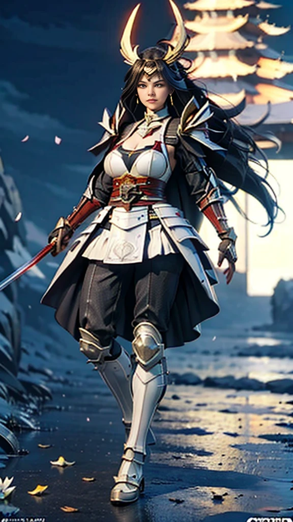 Sexy female character wearing white armor as a warrior from the Sengoku period 、((french braid hair))、((onyx black hair))、((toned body))、(glistening skin)、 toned body、((mega breasts 1.8))、 plump breasts 、 plump thighs 、 The white armor with a lily pattern engraved on it is a bikini type and is designed to emphasize chest exposure、(  wear a cloak with a lily flower pattern )、bustle skirt、 purple shin guard with lily flowers engraved on it 、White high-leg underwear 、White tights、 absolute domain、acrobatic Anguru、acrobatic pose、Noble and elegant atmosphere、 The background is a battlefield with lilies in full bloom 、(( full moon:1.2))、night、Strong winds、 Dynamic Shot、(( lots of lily petals scattered on the screen ))、 Super high resolution and realistic touch 、 shiny armor and fabric texture 、A dynamic pose is depicted in detail、