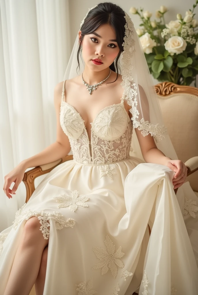 (((        Full body photograph         ,          soft lighting        ,                   sharp focus ,          detailed face of Jacqueline     ))),     of Jacqueline's extremely detailed face, cheerful and flirty face   , ((((   Beautiful woman in wedding dress    ))),   )), brown eyes,          seductive,            ((      smooth and shiny black hair         , make-up,          red lips)), (( Under the skirt)). sexy wedding dress
