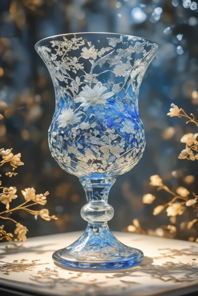 In a soft, golden light, a exquisite crystal chalice with intricate lacework and floral engravings sits atop a delicate pedestal. The transparent liquid within sparkles like the night sky, reflecting hues of sapphire, amethyst, and rose. The chalice's curves are adorned with delicate filigree, adding to its ethereal beauty as it appears to float amidst a subtle glow.,OBweisuo,A World of Glass
