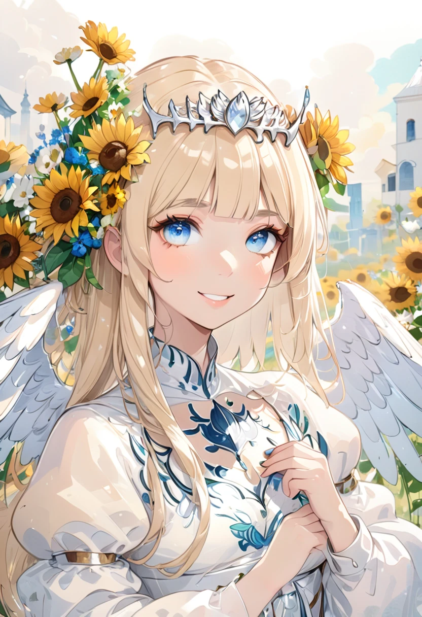 (masterpiece, best quality, 8K HD, colorful ink painting, watercolor splashing pencil drawing), Calca Bessarez, blonde hair, extremely long hair, white tiara, white dress, blunt bangs, (enormous white wings:1.3), (very big wings:1.2), (upper wings:1.1), light blue eyes, solo, 25 years old, mature female, a beautiful smiling girl, her hands on her cheeks, sunflowers and wildflowers on her hair, anime style, full body portrait, detailed character design, complex clothing and design, digital art style, white background
