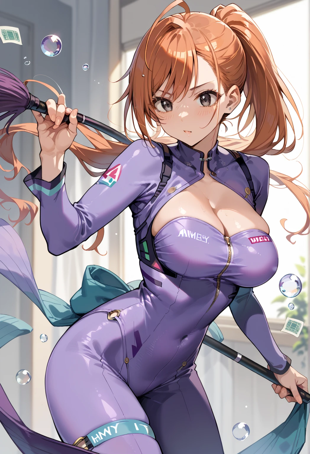  Arisugawa Natsuhari ,  1 girl , Alone,  orange hair,  ponytail , Ahoge,   sweep bang in fashionable clothes,  dark eyes,  Big Breasts , Purple Tight Suit 