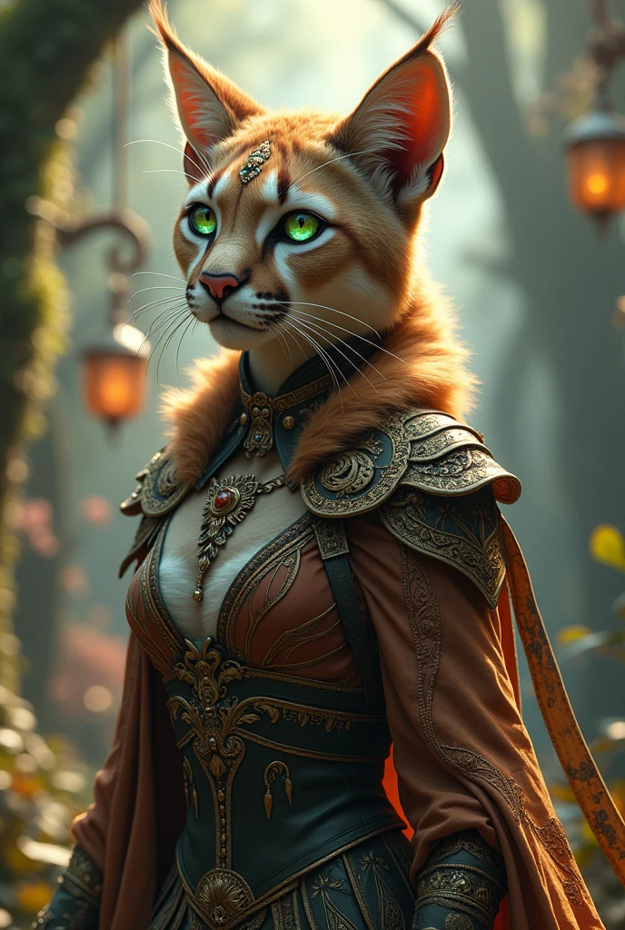 (best quality,4k,8k,highres,masterpiece:1.2),ultra-detailed,(realistic,photorealistic,photo-realistic:1.37), Khajiit from the Elder Scrolls, seductive woman with a fitness body, grey fur, medium long black hair, Lynx ears with piercing, exquisite jewelry, walking through an Autumn Forest, surrounded by majestic mountains