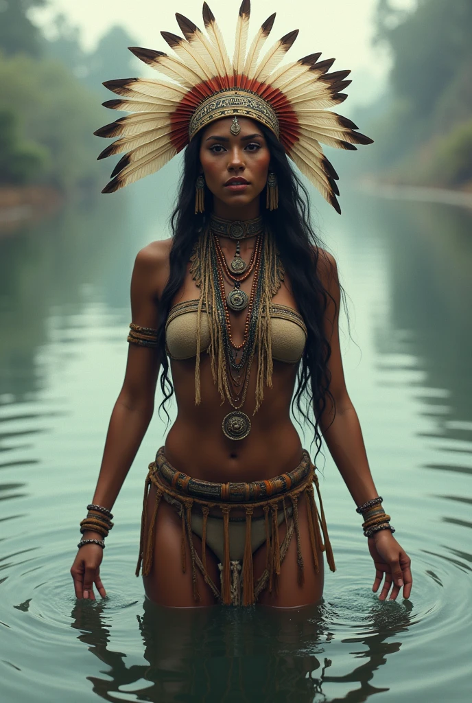 American Indian woman. defined body.
Long hair covering the breasts Facing the front On a rock in the waterfall Headdress blue and green feathers
