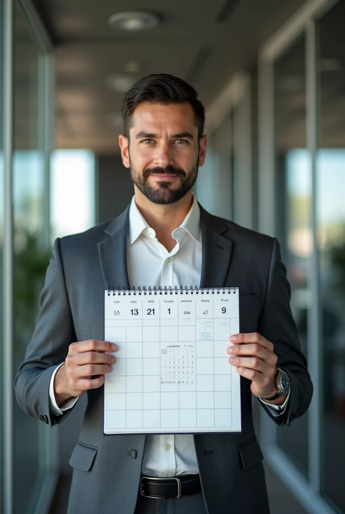 image trés realiste d un homme 30ans qui tient un calendrier de 36 jours