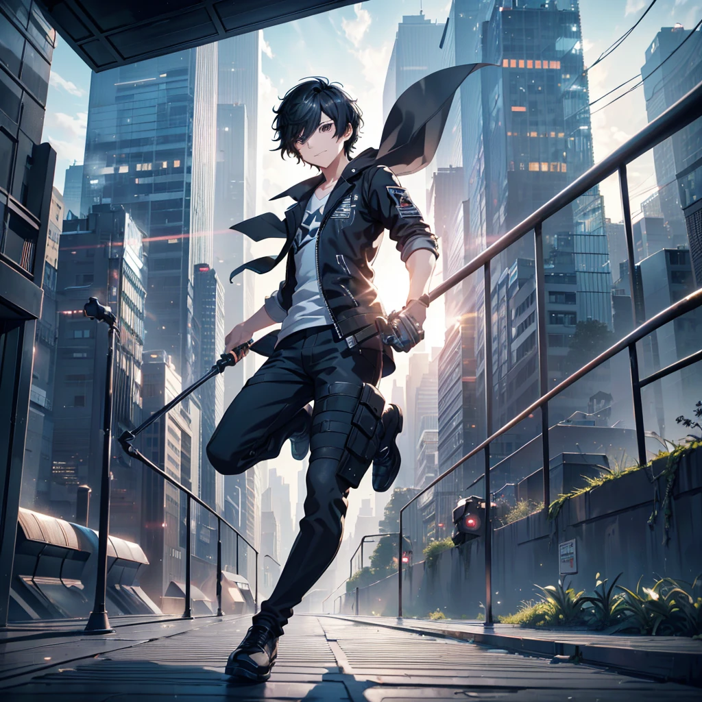  Short Black Hair ,Black Despicable Me , Grin,  Illustration of a Young Man ,  Leaping Poses , Parkour,  Moving by Jumping on the Rooftop of a Building ,  Highlighted Perspective ,   Persona Series Style Illustration, (8k,  best quality ,  Masterpiece :1.2), (Eye details\), (Clothing Details), (whole body:1.3),  Highly Detailed CG Unity 8K Wallpaper , big file size , very detailed, high definition , absurd,  beautiful eyes , ray tracing,Dramatic Shadows, Finer Details ,elevation, HYPER DETAILS ,(1:1.3),(Alone), 