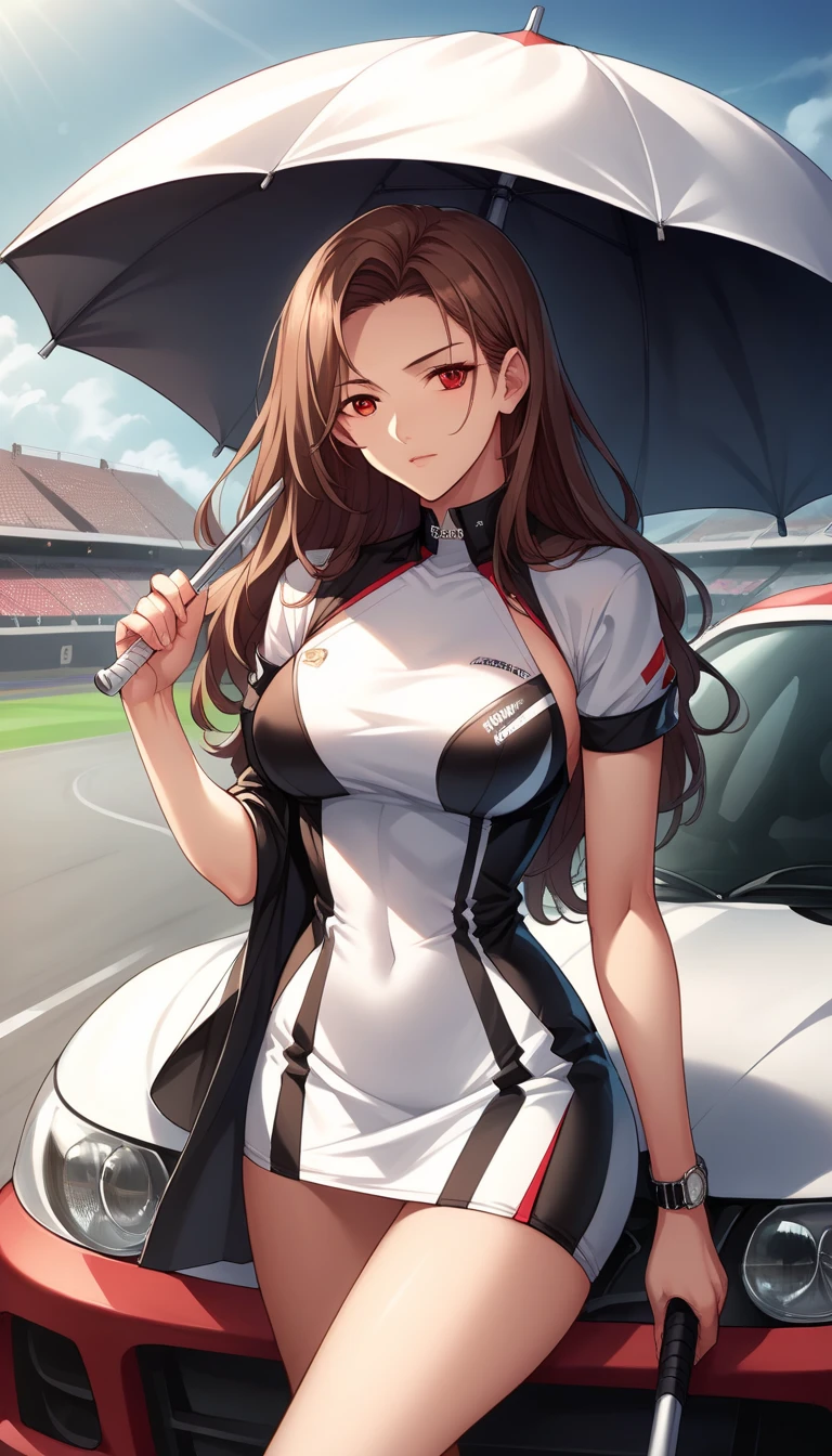  score_9,  score_8_up,  score_7_up,  source_Anime, Game CG, , best quality,  Masterpiece ,  super high resolution, ,  1 girl ,  long hair,  brown hair, red eyes, , ,  watch viewers,  holding a parasol , Race Queen Clothes , Outdoor, car