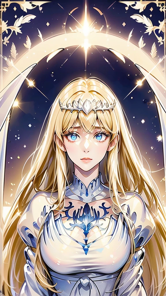 (masterpiece, best quality, 8K HD, colorful ink painting, watercolor splashing pencil drawing), Calca Bessarez, blonde hair, extremely long hair, white tiara, white dress, blunt bangs, (enormous white wings:1.3), (very big wings:1.2), (upper wings:1.1), light blue eyes, solo, 25 years old, mature female, a beautiful smiling girl, her hands on her cheeks, sunflowers and wildflowers on her hair, anime style, full body portrait, detailed character design, complex clothing and design, digital art style, white background