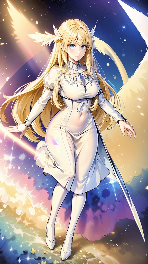 (masterpiece, best quality, 8K HD, colorful ink painting, watercolor splashing pencil drawing), Calca Bessarez, blonde hair, extremely long hair, white tiara, white dress, blunt bangs, (enormous white wings:1.3), (very big wings:1.2), (upper wings:1.1), light blue eyes, solo, 25 years old, mature female, a beautiful smiling girl, her hands on her cheeks, sunflowers and wildflowers on her hair, anime style, full body portrait, detailed character design, complex clothing and design, digital art style, white background