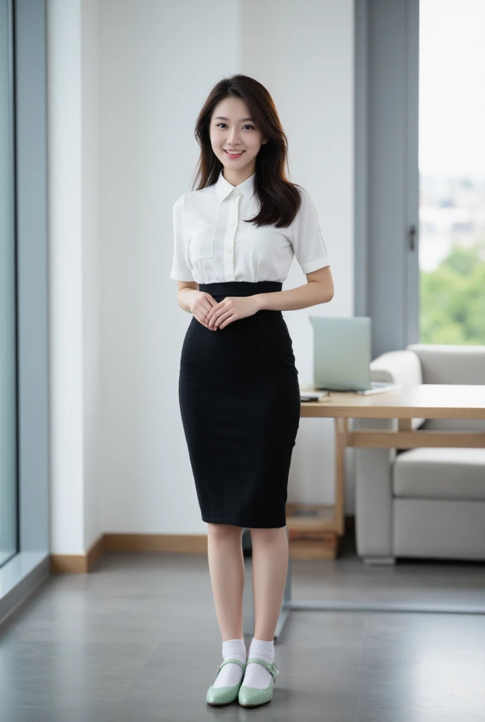 Full body image of a 20-year-old a Thai woman with a bright smile, woman standing casually at a table indoors, wearing a white blouse short sleeves and a black pencil skirt with a black belt. She is wearing Mary Jane shoes with short white socks. exuding a cheerful and relaxed vibe. A laptop of light green sits on the table beside her. The background shows a softly blurred interior with large windows and natural light streaming in. Image wide angle shot.