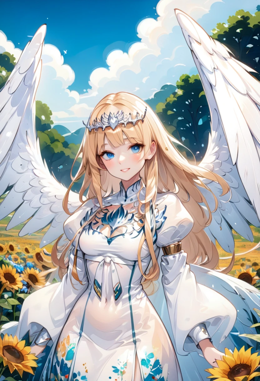(masterpiece, best quality, 8K HD, colorful ink painting, watercolor splashing pencil drawing), Calca Bessarez, blonde hair, extremely long hair, white tiara, white dress, blunt bangs, (enormous white wings:1.3), (very big wings:1.2), (upper wings:1.1), light blue eyes, solo, 25 years old, mature female, a beautiful smiling girl, her hands on her cheeks, sunflowers and wildflowers on her hair, anime style, full body portrait, detailed character design, complex clothing and design, digital art style, white background