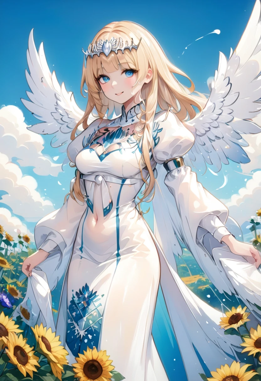 (masterpiece, best quality, 8K HD, colorful ink painting, watercolor splashing pencil drawing), Calca Bessarez, blonde hair, extremely long hair, white tiara, white dress, blunt bangs, (enormous white wings:1.3), (very big wings:1.2), (upper wings:1.1), light blue eyes, solo, 25 years old, mature female, a beautiful smiling girl, her hands on her cheeks, sunflowers and wildflowers on her hair, anime style, full body portrait, detailed character design, complex clothing and design, digital art style, white background