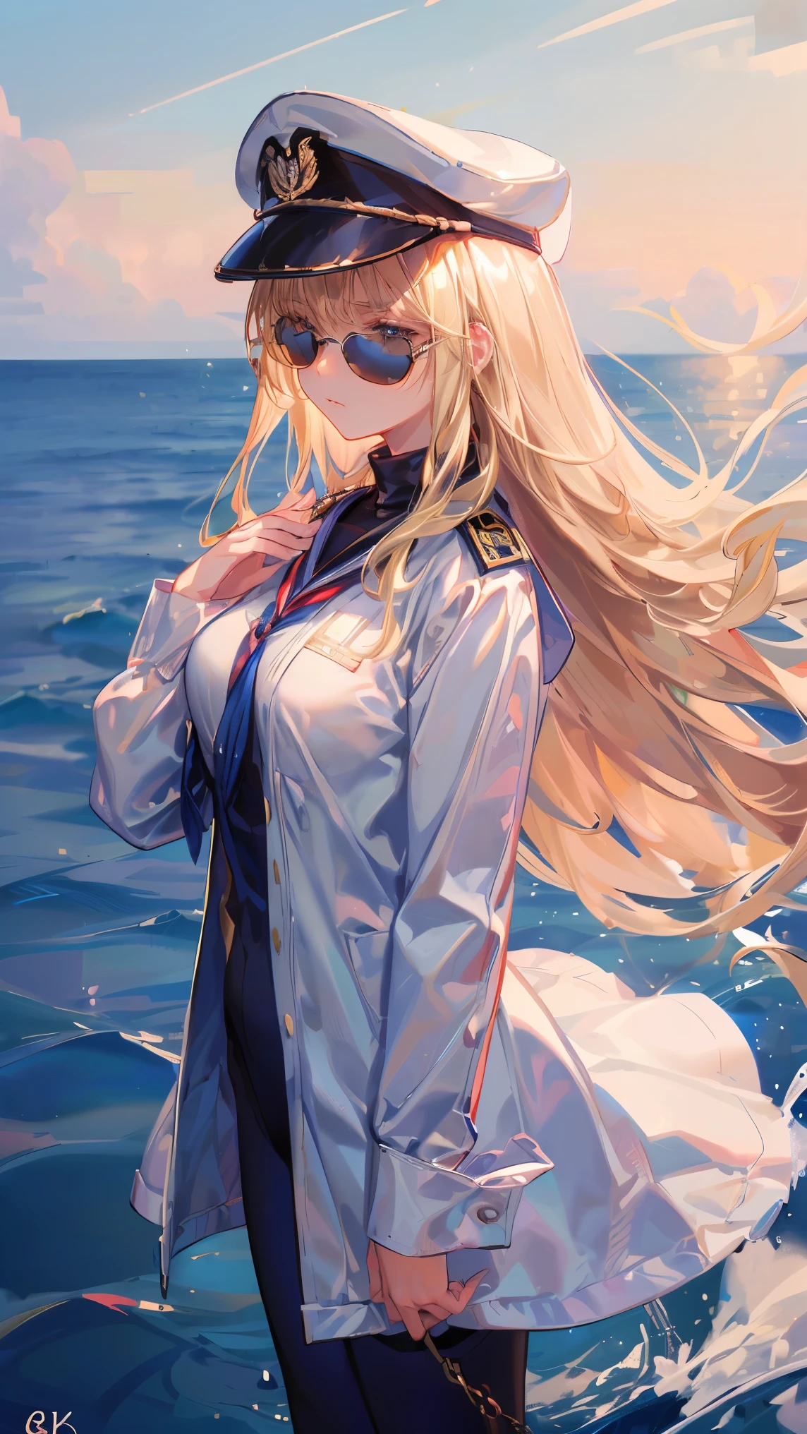 (((Best quality, 8k, Masterpiece: 1.3)), ((best quality)), ((masterpiece)), (detailed), perfect face, perfect body, (detailed skin:1.3), (intricate details), A confident female navy officer standing on the deck of an aircraft carrier, gazing out at the open sea. She wears aviator sunglasses, a crisp navy uniform adorned with golden insignias, and a peaked cap. Her long blonde hair flows in the sea breeze, which she gently holds back with her right hand. The ocean stretches endlessly in the background under a bright blue sky with a few scattered clouds. The scene captures a sense of authority, serenity, and the grandeur of naval life, sunglasses, blonde hair, floating hair