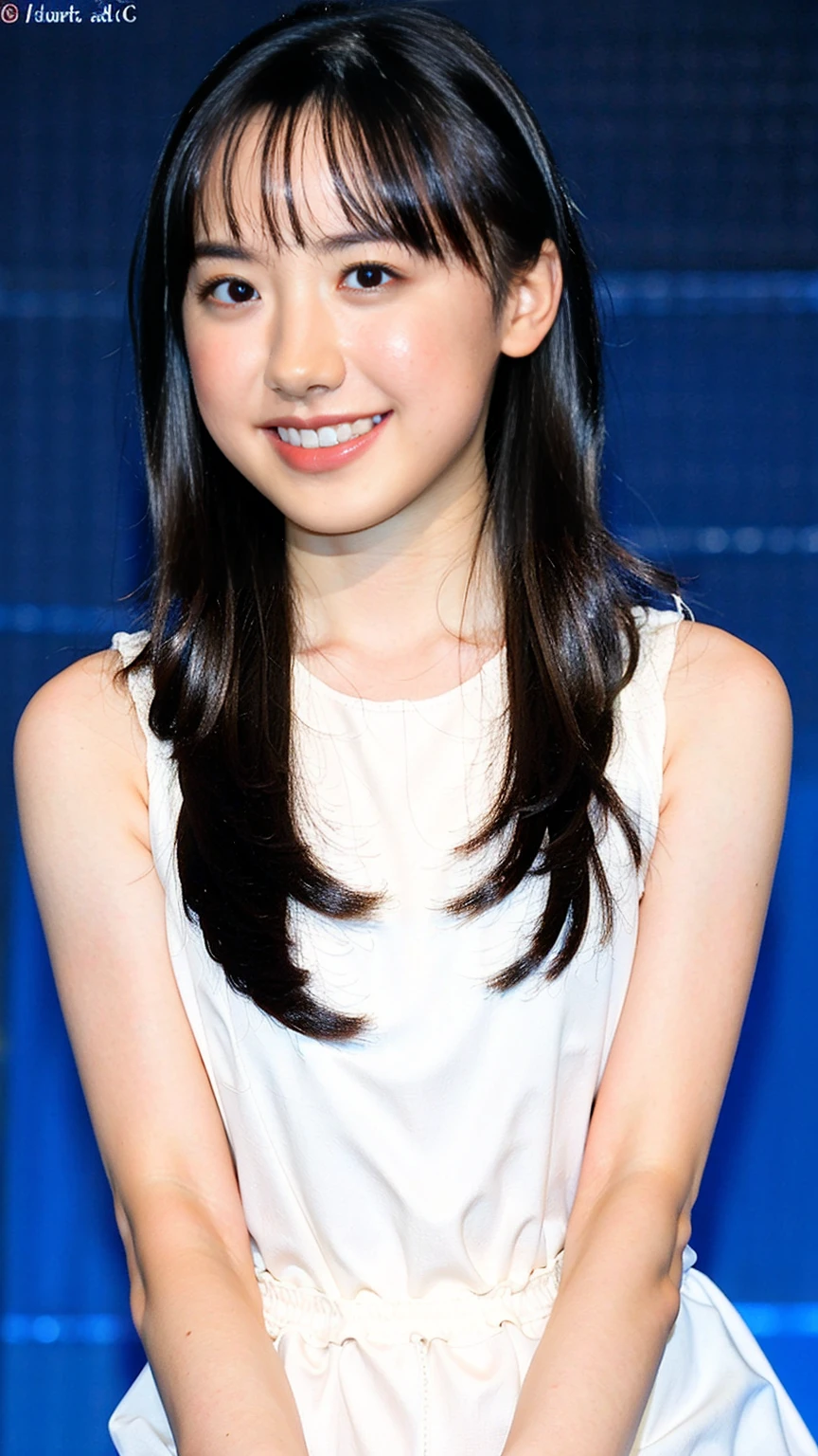 upper body, flat chest, (arms behind back:1.1), make up, sport-bra, smile, long hair