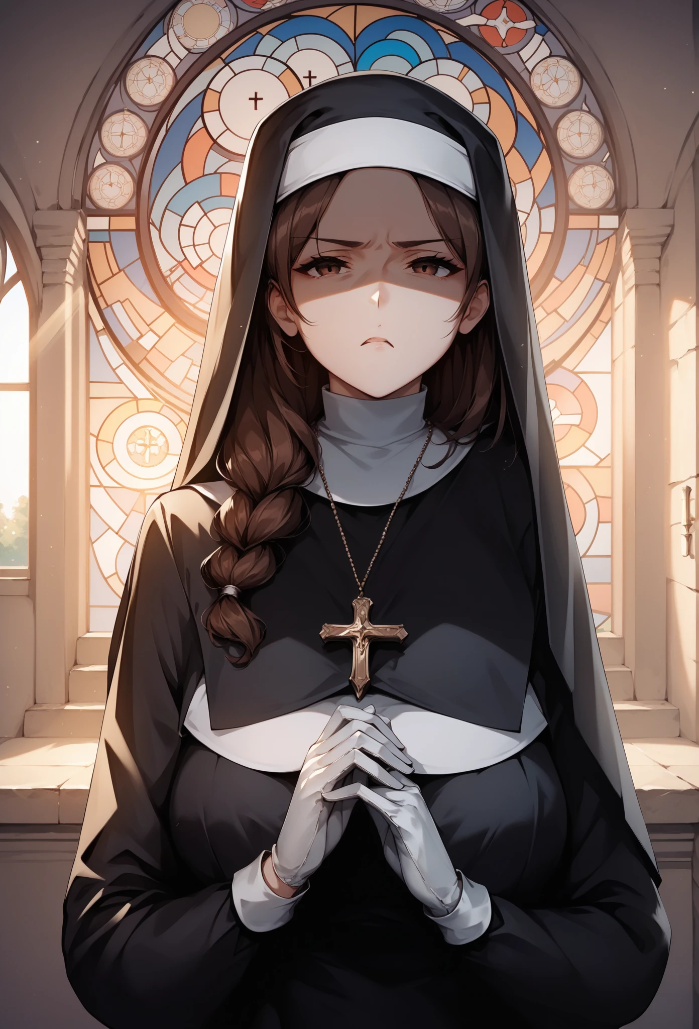 Anime-style character, source_anime,  unaestheticXL_cbp62 , neolight, backlighting, light rays, 1girl, adult woman, beautiful, best perfect anatomy, A pale anime mature woman, nun (black nun habit, white glove), 1 woman, lonely, round cheeks, chocolate brown eyes, long hair, deep brown hair, straight hair, waist length hair, Pretty Face, Shaded Face, Pout face, disgusted face, serious look, annoyed expression, Jealous, cute, looking a view, medium Up, Single Shot, Shoulder Level Shot, Shooting from the person,(background : stained glass, church, arch),