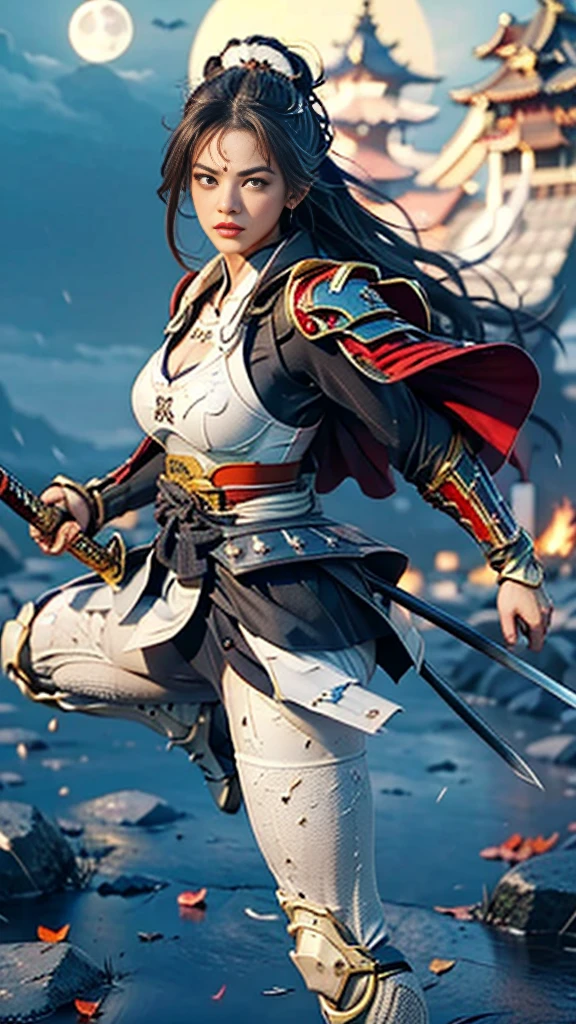 Sexy female character wearing white armor as a warrior from the Sengoku period 、((french braid hair))、((onyx black hair))、((toned body))、(glistening skin)、 toned body、((mega breasts 1.8))、 plump breasts 、 plump thighs 、 The white armor with a lily pattern engraved on it is a bikini type and is designed to emphasize chest exposure、(  wear a cloak with a lily flower pattern )、bustle skirt、 purple shin guard with lily flowers engraved on it 、White high-leg underwear 、White tights、 absolute domain、[ object object ], ( Detailed Facial Features :1.3),1 Female,delicate face,Bright Eyes, beautiful face,((Japanese Princess)),At the Palace, Japanese architecture , flames of war are burning everywhere ,((Combat Stance:1.2)),(( short bang)),Outdoor, wet skin ,((Storm of rain :1.3)), cloudy sky,(( full moon:1.2)),nightに,Strong winds, Dynamic Shot,( RAW photos , 16k,   Masterpiece ,  best quality: 1.2), ( surrealism,  hyper-detailed and complex realism: 1.3), (The depth of the writing world, Radiation Mapping,  ray tracing, god rays: 1.2),  high dynamic range,  Vivid ,  rich details ,  clear shadows and highlights ,  realistic ,  is intense, Contrast Enhancement,((( with a samurai sword in hand ))),((Damaged clothing:1.3)), high definition , natural light,bread,Strong gaze、acrobatic Anguru、acrobatic pose、Noble and elegant atmosphere、 The background is a battlefield with lilies in full bloom 、(( full moon:1.2))、night、 is intense風、 Dynamic Shot、(( lots of lily petals scattered on the screen ))、超 high definition でリアルなタッチ、 shiny armor and fabric texture 、A dynamic pose is depicted in detail、