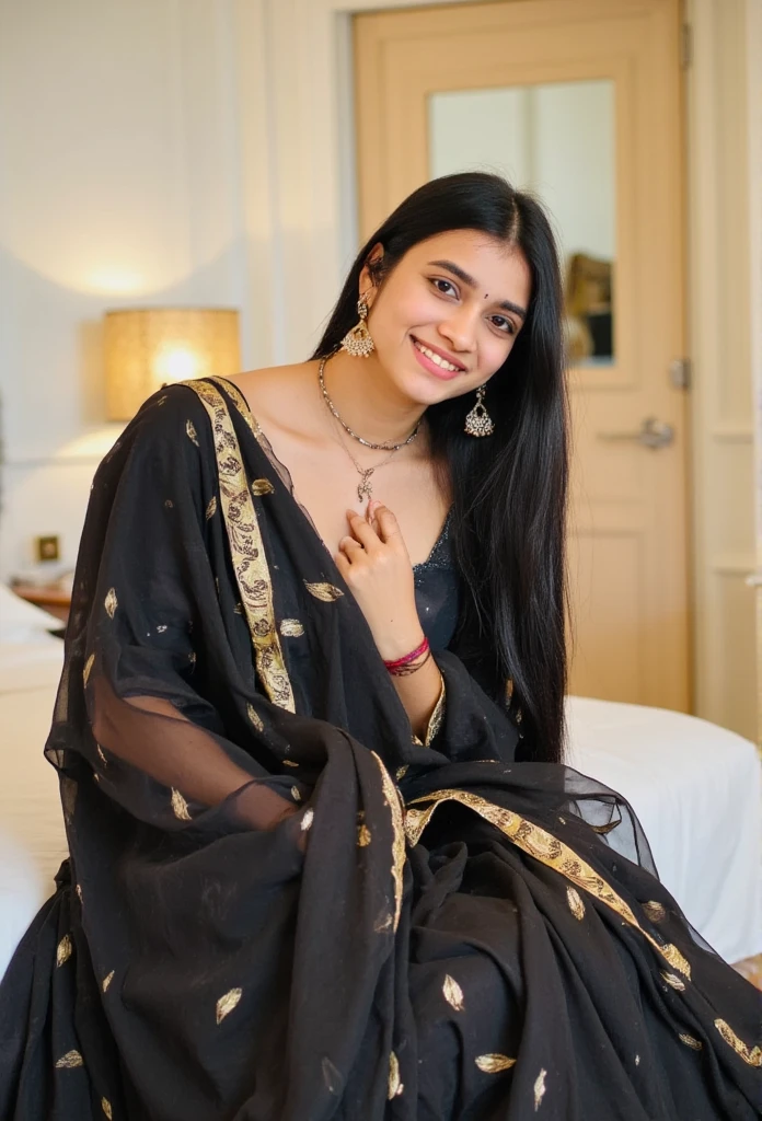 The image depicts a indian woman in a traditional Indian attire, likely a black lehenga, which is a type of skirt.she is showing her hot navel,navel hole is big.exposing breast, The outfit is black with gold detailing, and she has paired it with large, dangling earrings and a choker-style necklace. Her hair is long and black, and she has freckles and she is wearing makeup that includes dark eyeliner and pink lipstick. She is smiling and appears to be posing for the photo ,capture complete body from head to toe. The background suggests an indoor setting, possibly a luxurious bedroom, indicated by the presence of a bed and a mirror reflecting her image. The lighting seems to be artificial, coming from a source outside the frame.,Extremely Realistic.,rashmika,rashmikamandanna,sunny,rasha