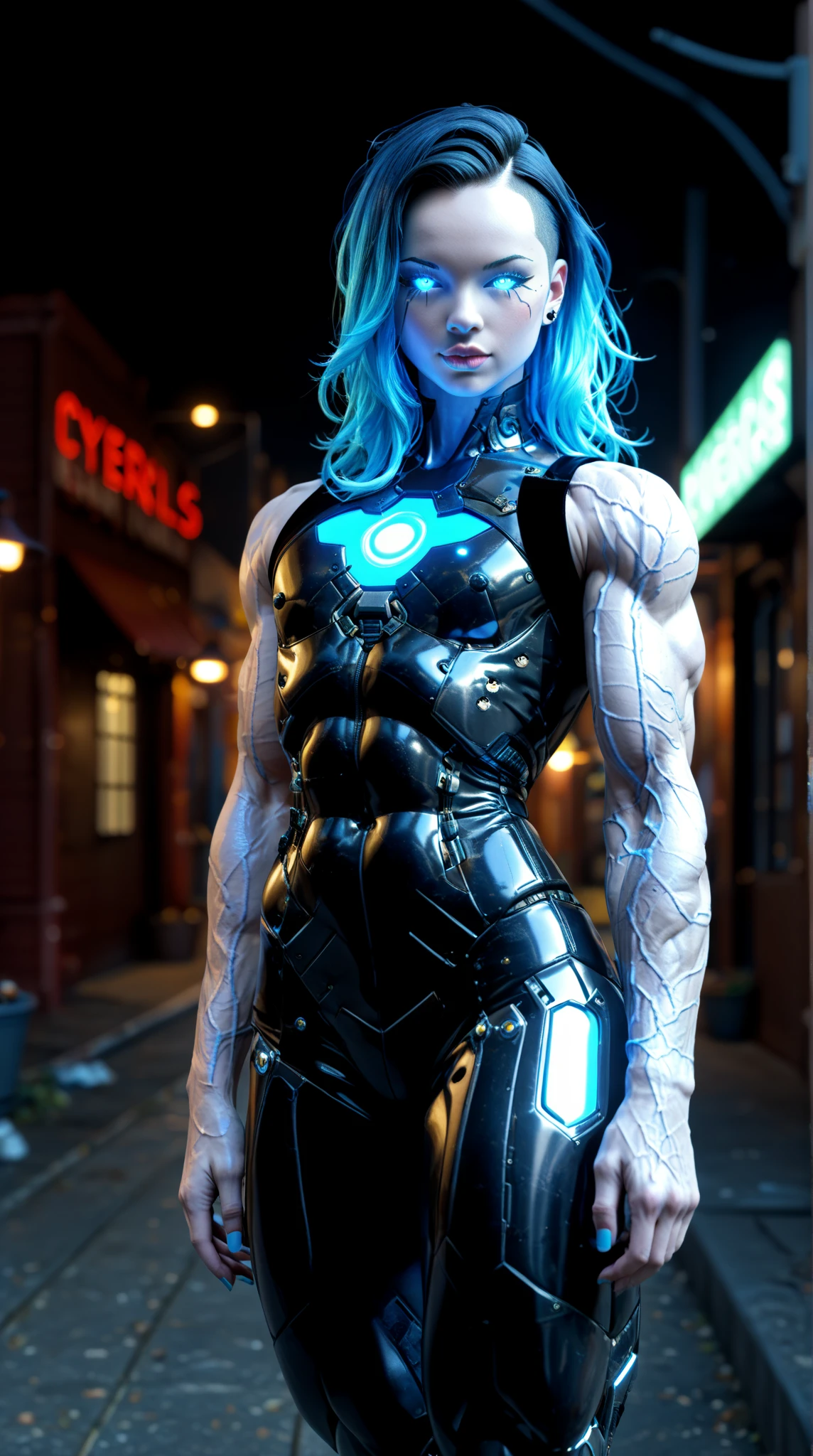 score_9, score_8_up, score_7_up, (1 girl), (asian), beautiful teenage (skinny) muscular goth cyborg girl, (bodybuilder femboy physique:1.25), (skinny long legs:0.75), (full Cybernetic bodysuit:1.5), (black sclera:1.5), (blue glowing eyes:1.5), (blue glowing body veins:1.5), (flat chest:1.25), (blue glowing hair:1.25), (beautiful face:1.25), bimbo lips, cowboy shot, cybernetic, mechanoid body parts, exposed cables and circuits, neon lights, gothic neon style, cyber punk style, Stable_Yogis_Scenery_Negatives, Stable_Yogis_Scenery_positives,  Stable_Yogis_PDXL_Positives, Stable_Yogis_PDXL_Negatives