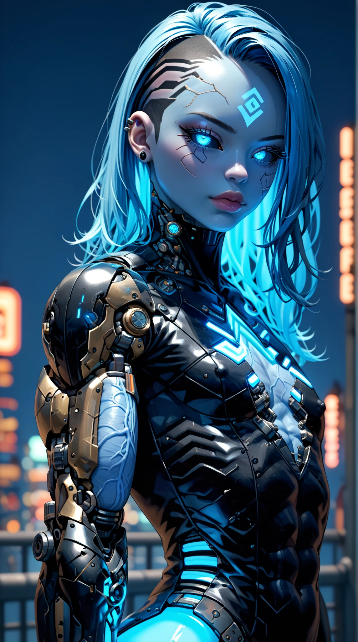 score_9, score_8_up, score_7_up, (1 girl), (asian), beautiful teenage (skinny) muscular goth cyborg girl, (bodybuilder femboy physique:1.25), (skinny long legs:0.75), (full Cybernetic bodysuit:1.5), (black sclera:1.5), (blue glowing eyes:1.5), (blue glowing body veins:1.5), (flat chest:1.25), (blue glowing hair:1.25), (beautiful face:1.25), bimbo lips, cowboy shot, cybernetic, mechanoid body parts, exposed cables and circuits, neon lights, gothic neon style, cyber punk style, Stable_Yogis_Scenery_Negatives, Stable_Yogis_Scenery_positives,  Stable_Yogis_PDXL_Positives, Stable_Yogis_PDXL_Negatives