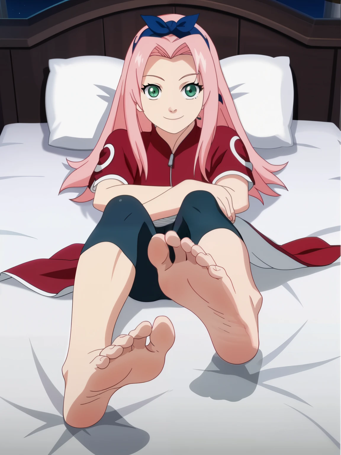 score_9, score_8_up,source_anime,
1girl,  Sakura Haruno , pink hair, long hair, green eyes, red qipao, short sleeves, bike shorts,alone, looking at viewer, cowboy shot, anime screencap, anime coloring，barefoot，Perfect feet，Anatomically correct，soles，Focal length 35mm, Five toes，front，Symmetrical Soles，Foot Focus, night, in her bedroom, lying on the bed, lifting legs to show her soles, from above, flirty gaze, flirty smile