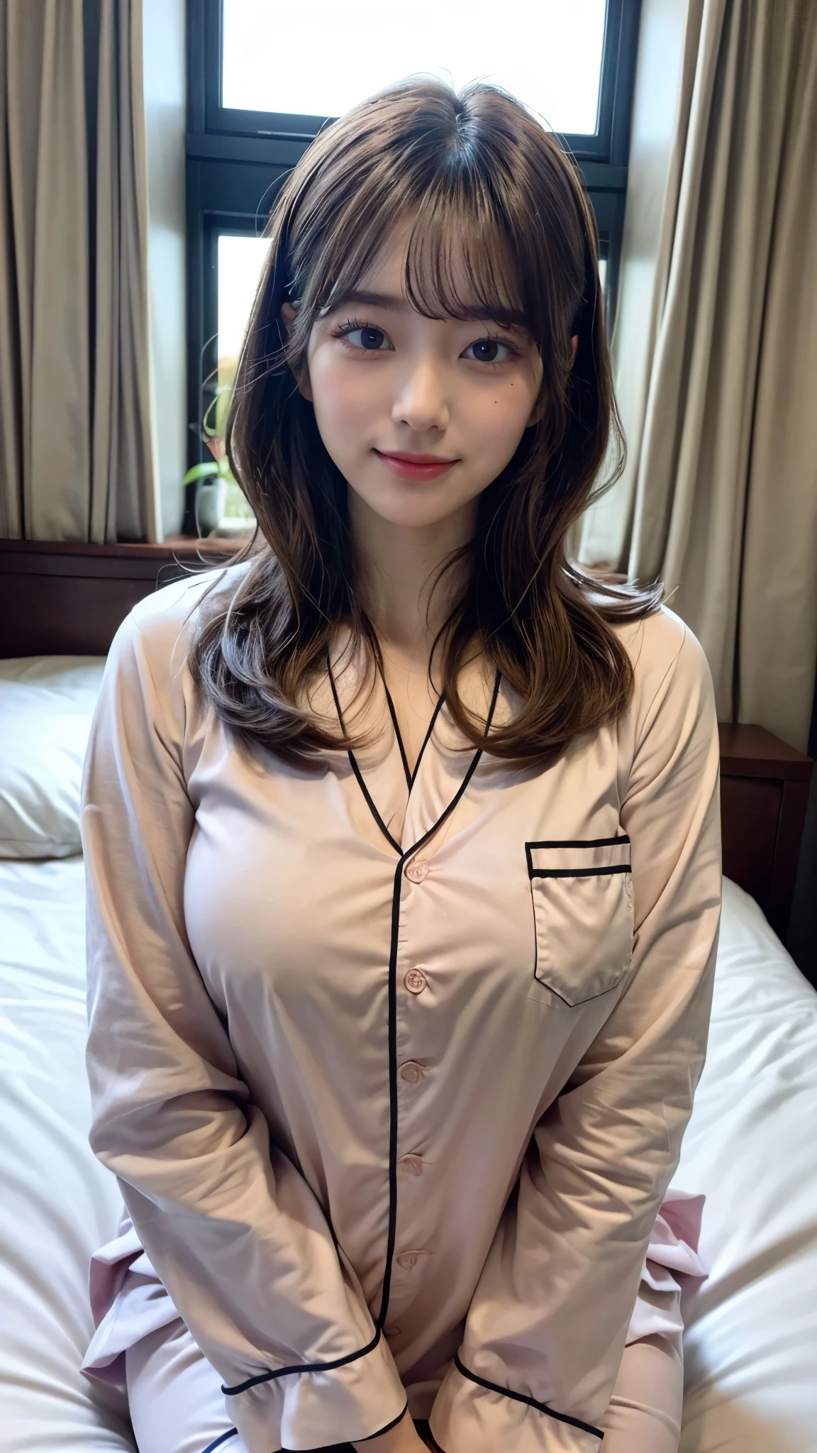 (8k, RAW photo, best quality, masterpiece, extremely detailed:1.2),(realistic, photo-realistic:1.4), sharp focus, depth of field, blur background, bokeh, cinematic lighting, soft light, cute Japanese idol, (detailed skin: 1.2), pale skin, brown eyes, (metal stylish glasses:1.1), smiling, looking at viewer , ((pajamas)), simple room, (cleavage:1), (big breasts), (upper body shot:1.2), (lying), (spread legs)