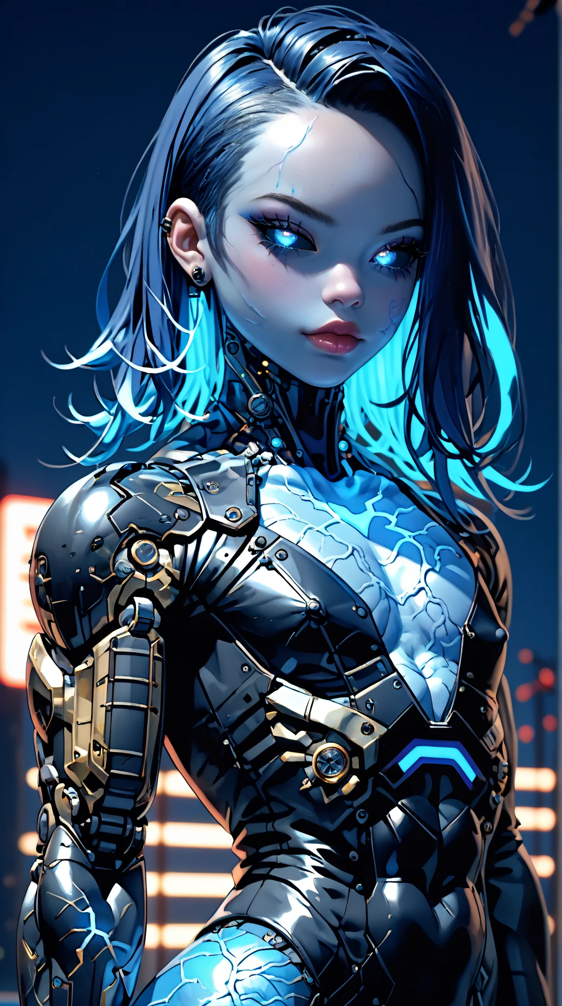 score_9, score_8_up, score_7_up, (1 girl), (asian), beautiful teenage (skinny) muscular goth cyborg girl, (bodybuilder femboy physique:1.25), (skinny long legs:0.75), (full Cybernetic bodysuit:1.5), (black sclera:1.5), (blue glowing eyes:1.5), (blue glowing body veins:1.5), (flat chest:1.25), (blue glowing hair:1.25), (beautiful face:1.25), bimbo lips, cowboy shot, cybernetic, mechanoid body parts, exposed cables and circuits, neon lights, gothic neon style, cyber punk style, Stable_Yogis_Scenery_Negatives, Stable_Yogis_Scenery_positives,  Stable_Yogis_PDXL_Positives, Stable_Yogis_PDXL_Negatives