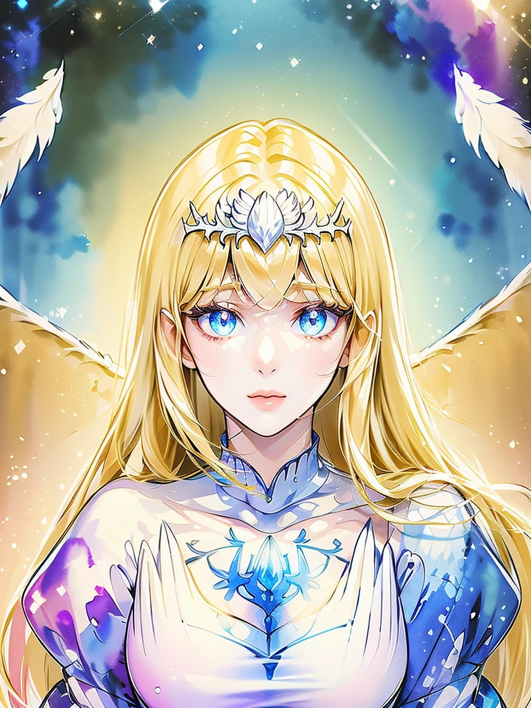 (masterpiece, best quality, 8K HD, colorful ink painting, watercolor splashing pencil drawing), Calca Bessarez, blonde hair, extremely long hair, white tiara, white dress, blunt bangs, (enormous white wings:1.3), (very big wings:1.2), (upper wings:1.1), light blue eyes, solo, 25 years old, mature female, a beautiful smiling girl, her hands on her cheeks, sunflowers and wildflowers on her hair, anime style, full body portrait, detailed character design, complex clothing and design, digital art style, white background