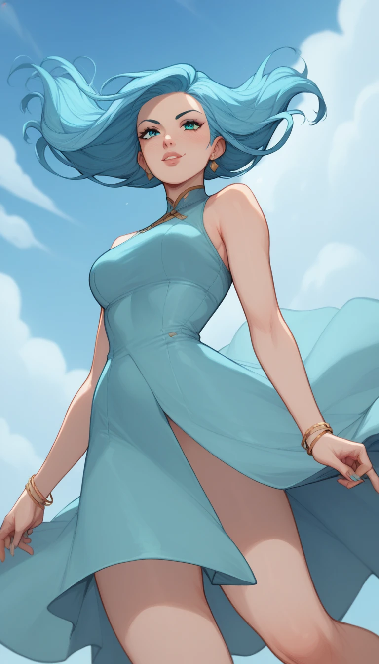 A woman with cyan dress and sky blue hair floating gracefully, 