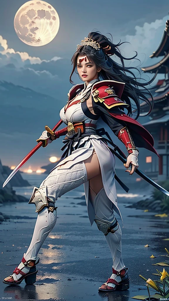 Sexy female character wearing white armor as a warrior from the Sengoku period 、((french braid hair))、((onyx black hair))、((toned body))、(glistening skin)、 toned body、((mega breasts 1.8))、 plump breasts 、 plump thighs 、 The white armor with a lily pattern engraved on it is a bikini type and is designed to emphasize chest exposure、(  wear a cloak with a lily flower pattern )、bustle skirt、 purple shin guard with lily flowers engraved on it 、White high-leg underwear 、White tights、 absolute domain、[ object object ], ( Detailed Facial Features :1.3),1 Female,delicate face,Bright Eyes, beautiful face,((Japanese Princess)),At the Palace, Japanese architecture , flames of war are burning everywhere ,((Combat Stance:1.2)),(( short bang)),Outdoor, wet skin ,((Storm of rain :1.3)), cloudy sky,(( full moon:1.2)),nightに,Strong winds, Dynamic Shot,( RAW photos , 16k,   Masterpiece ,  best quality: 1.2), ( surrealism,  hyper-detailed and intricate realism: 1.3), (The depth of the writing world, Radiation Mapping,  ray tracing, god rays: 1.2),  high dynamic range,  Vivid ,  rich details ,  clear shadows and highlights ,  realistic ,  is intense, Contrast Enhancement,((( with a samurai sword in hand ))),((Damaged clothing:1.3)), high definition , natural light,bread,Strong gaze、Noble and elegant atmosphere、((Lilies are blooming ))、(( full moon:1.2))、night、 is intense風、 Dynamic Shot、(( lots of lily petals scattered on the screen ))、超 high definition でリアルなタッチ、 shiny armor and fabric texture 、A dynamic pose is depicted in detail、