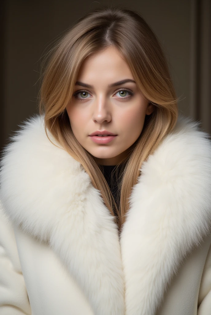 45 ans,(Une MILF:1.2), un regard captivant, yeux verts, (beaucoup de rides sur son visage:1.4), A very wide and very thick, manteau de fourrure en vison blanc, fifty centimeters d&#39;thickness, duveteux, naturel, with an ultra thick white mink fur collar, Trois couches, sur Ornella Muti jeune, 45 ans,, la plus haute qualité, Realistic, super detailed, finement, High resolution, Fond d&#39;8k screen, 1 belle femme,, messy light brown hair, porter un costume d&#39;affaires, sharpness, Composition dynamique parfaite, detailed and beautiful eyes, Cheveux fins, Detailed and Realistic skin texture, SOURIRE, portrait en gros plan, model body shape,description complète du corps,