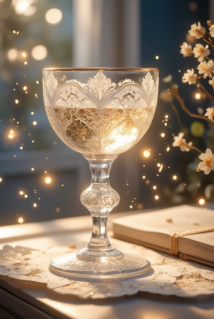 In a soft, golden light, a exquisite crystal chalice with intricate lacework and floral engravings sits atop a delicate pedestal. The transparent liquid within sparkles like the night sky, reflecting hues of sapphire, amethyst, and rose. The chalice's curves are adorned with delicate filigree, adding to its ethereal beauty as it appears to float amidst a subtle glow.,OBweisuo,A World of Glass
