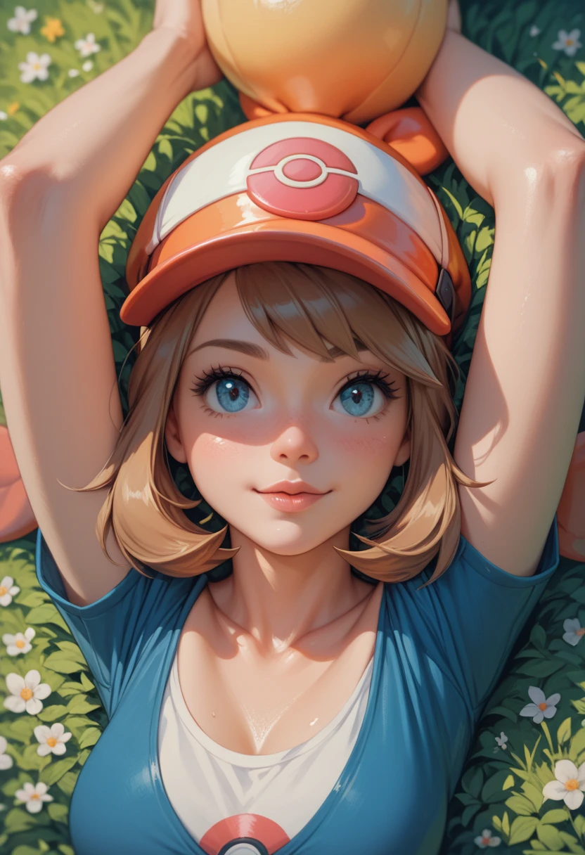 May Pokémon girl cute, looking closely at big testicles above head, not sucking