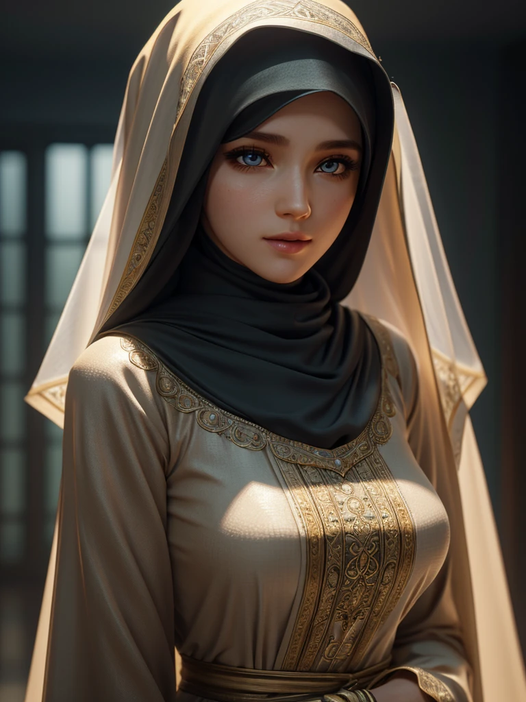 (front focus), (in the dark:1.6), Hyperrealist portrait of female by david hockney and alphonse mucha, fantasy art, photo realistic, dynamic lighting, artstation, poster, volumetric lighting, very detailed faces, 4 k, award winning, 1girl, in the dark, deep shadow, low key, cowboy shot, (official clothing:1.4), ((wearing hijab))