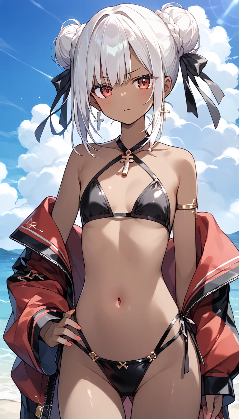 Best quality, (masterpiece:1.2), highly detailed, standing, beach, cat ears, 1girl, solo, tojo koneko, looking at the viewer, closed mouth, (upper body:1.2), small breasts, yellow eyes, white hair, short hair, hair decoration, ruffled bikini, erotica