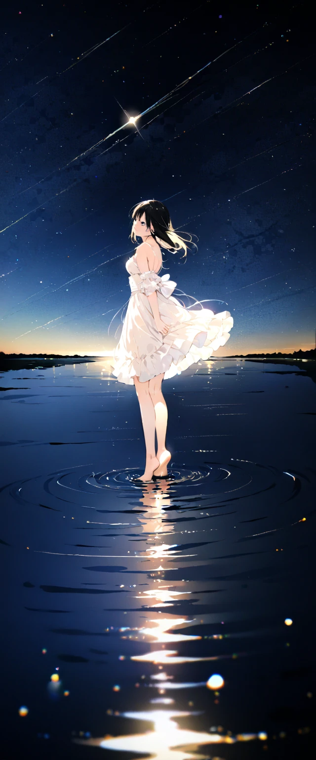 (close:1.4)、(RAW Photos:1.2)、(Realistic:1.4)、(masterpiece:1.3)、(highest quality:1.4)、Japanese Girls、(Night view:1.2)、Light clothing、pretty girl、put one foot in the sea、Standing on tiptoes、landscape、Between the horizon and the sea、Side view、Ripples spreading from the toes、Standing about 20 meters away、On the Sea、The whole scene is Shiny O's、illumination、