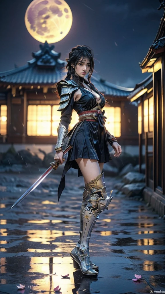 Sexy female character wearing white armor as a warrior from the Sengoku period 、((french braid hair))、((onyx black hair))、((toned body))、(glistening skin)、 toned body、((mega breasts 1.8))、 plump breasts 、 plump thighs 、 The white armor with a lily pattern engraved on it is a bikini type and is designed to emphasize chest exposure、(  wear a cloak with a lily flower pattern )、bustle skirt、 purple shin guard with lily flowers engraved on it 、White high-leg underwear 、White tights、 absolute domain 、((Japanese Princess))、 flames of war are burning everywhere 、((Combat Stance:1.2))、(( short bang))、Outdoor、 wet skin 、((Storm of rain :1.3))、 cloudy sky、(( full moon:1.2))、nightに,Strong winds、( RAW photos , 16k,   Masterpiece ,  best quality: 1.2), ( surrealism,  hyper-detailed and intricate realism: 1.3), (The depth of the writing world, Radiation Mapping,  ray tracing, god rays: 1.2),  high dynamic range,  Vivid ,  rich details ,  clear shadows and highlights ,  realistic ,  is intense, Contrast Enhancement,((( with a samurai sword in hand ))),((Damaged clothing:1.3)), high definition , natural light,bread,Strong gaze、Noble and elegant atmosphere、((Lilies are blooming ))、(( full moon:1.2))、night、 is intense風、 Dynamic Shot、(( lots of lily petals scattered on the screen ))、超 high definition でリアルなタッチ、 shiny armor and fabric texture 、A dynamic pose is depicted in detail、