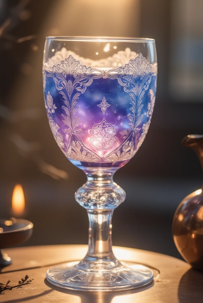 In a soft, golden light, a exquisite crystal chalice with intricate lacework and floral engravings sits atop a delicate pedestal. The transparent liquid within sparkles like the night sky, reflecting hues of sapphire, amethyst, and rose. The chalice's curves are adorned with delicate filigree, adding to its ethereal beauty as it appears to float amidst a subtle glow.,OBweisuo,A World of Glass
