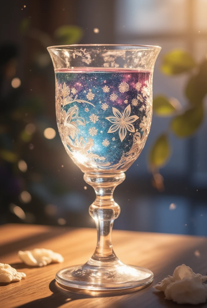 In a soft, golden light, a exquisite crystal chalice with intricate lacework and floral engravings sits atop a delicate pedestal. The transparent liquid within sparkles like the night sky, reflecting hues of sapphire, amethyst, and rose. The chalice's curves are adorned with delicate filigree, adding to its ethereal beauty as it appears to float amidst a subtle glow.,OBweisuo,A World of Glass
