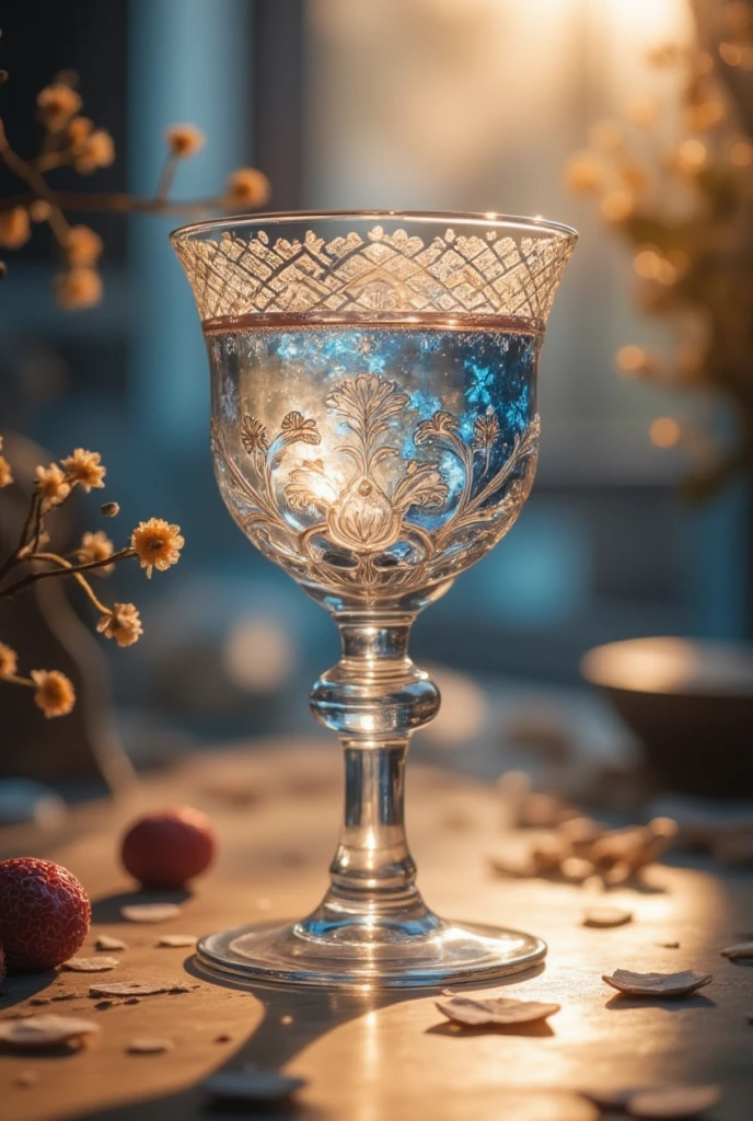 In a soft, golden light, a exquisite crystal chalice with intricate lacework and floral engravings sits atop a delicate pedestal. The transparent liquid within sparkles like the night sky, reflecting hues of sapphire, amethyst, and rose. The chalice's curves are adorned with delicate filigree, adding to its ethereal beauty as it appears to float amidst a subtle glow.,OBweisuo,A World of Glass
