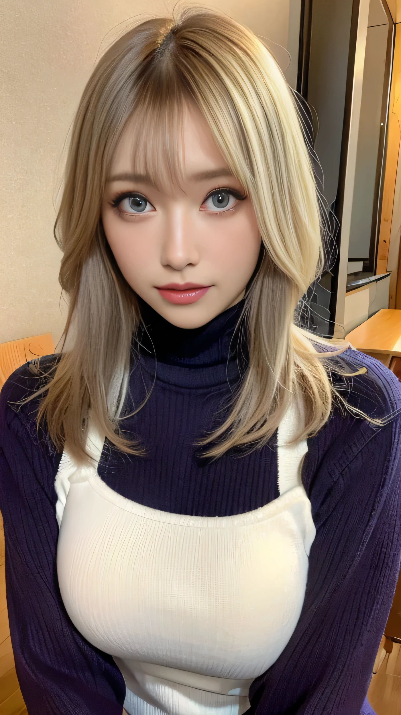 ( table top in front of you:1.3), high definition , ultra detail, Highly Detailed CG Unity 8K Wallpaper , realistic , Photographically, RAW photo, beautiful detailed face, 青 white skin, realistic glowing skin, detailed cloth texture, Hair texture details, perfect body, beautiful face, Accurate, anatomically correct, High Definition Face and Skin Textures, natural neck length with a cross-shaped iris, ( beautiful hands), ( white skin:1.2), Thin legs, Thin legs, break,erect nipple:1,2,hard nipple:1.2,big nipple:1.2, Layered Bob Hairstyle, ( blonde alone、Pink inside), forest setting , Glowing purple eyes, Masterpiece , best quality ,( realistic : 1.4),超 high definition , Unity 8K, (delicate beautiful eyes:1.6),Symmetric, Highly Detailed Faces , Complete,Night view outside、 ( perfect hand, perfect anatomy ), (Night hotel room background:1.3), (( tight size long sleeve sweater 1.3)), ( on the body Be careful:1.3), ( patty sweater 1.2 ), ( Big Breasts , H cup 1 .5 ),