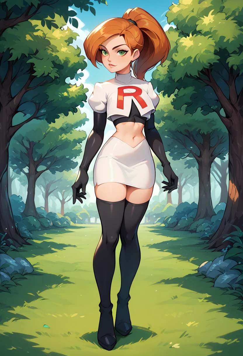 1girl, solo, Kim Possible, ponytail, Cosplay_TeamRocket, team rocket uniform, white jacket, cropped jacket, white skirt, elbow gloves, black thigh highs, heels, in beautiful green park, trees.