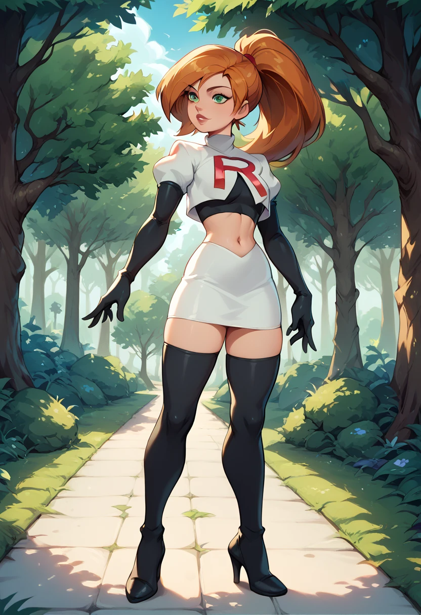 1girl, solo, Kim Possible, ponytail, Cosplay_TeamRocket, team rocket uniform, white jacket, cropped jacket, white skirt, elbow gloves, black thigh highs, heels, in beautiful green park, trees.