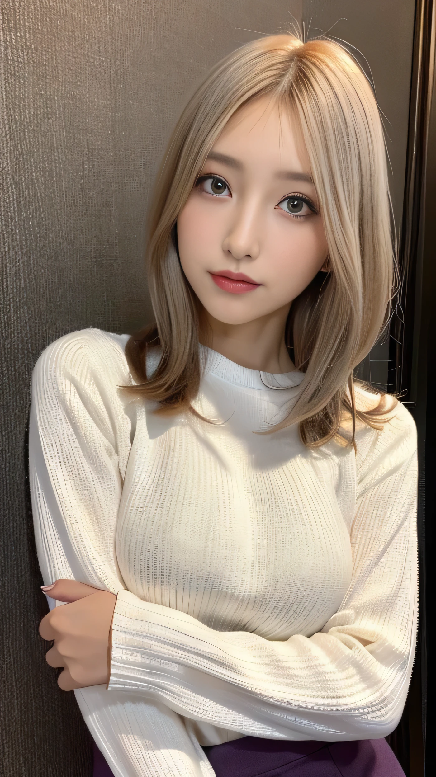 ( table top in front of you:1.3), high definition , ultra detail, Highly Detailed CG Unity 8K Wallpaper , realistic , Photographically, RAW photo, beautiful detailed face, 青 white skin, realistic glowing skin, detailed cloth texture, Hair texture details, perfect body, beautiful face, Accurate, anatomically correct, High Definition Face and Skin Textures, natural neck length with a cross-shaped iris, ( beautiful hands), ( white skin:1.2), Thin legs, Thin legs, break,erect nipple:1,2,hard nipple:1.2,big nipple:1.2, Layered Bob Hairstyle, ( blonde alone、Pink inside), forest setting , Glowing purple eyes, Masterpiece , best quality ,( realistic : 1.4),超 high definition , Unity 8K, (delicate beautiful eyes:1.6),Symmetric, Highly Detailed Faces , Complete,Night view outside、 ( perfect hand, perfect anatomy ), (Night hotel room background:1.3), (( tight size long sleeve sweater 1.3)), ( on the body Be careful:1.3), ( Big Breasts ), ( Big Breasts , I cup 1.5 ),