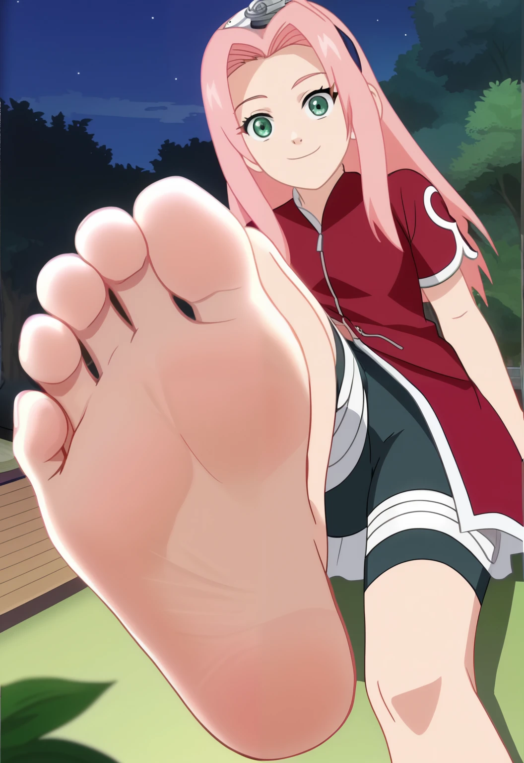 score_9, score_8_up,source_anime,
1girl,  Sakura Haruno , pink hair, long hair, green eyes, red qipao, short sleeves, bike shorts,alone, looking at viewer, cowboy shot, anime screencap, anime coloring，barefoot，Perfect feet，Anatomically correct，soles，Focal length 35mm, Five toes，front，Symmetrical Soles，Foot Focus, night, in her bedroom, lying on the ground, lifting legs to show her soles, from above, flirty gaze, flirty smile