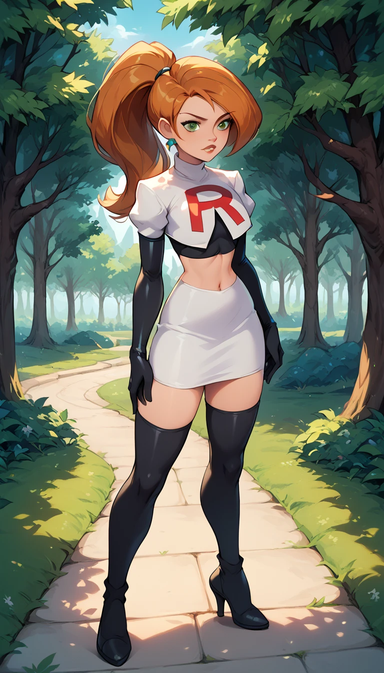 1girl, solo, Kim Possible, ponytail, Cosplay_TeamRocket, team rocket uniform, white jacket, cropped jacket, white skirt, elbow gloves, black thigh highs, heels, in beautiful green park, trees.