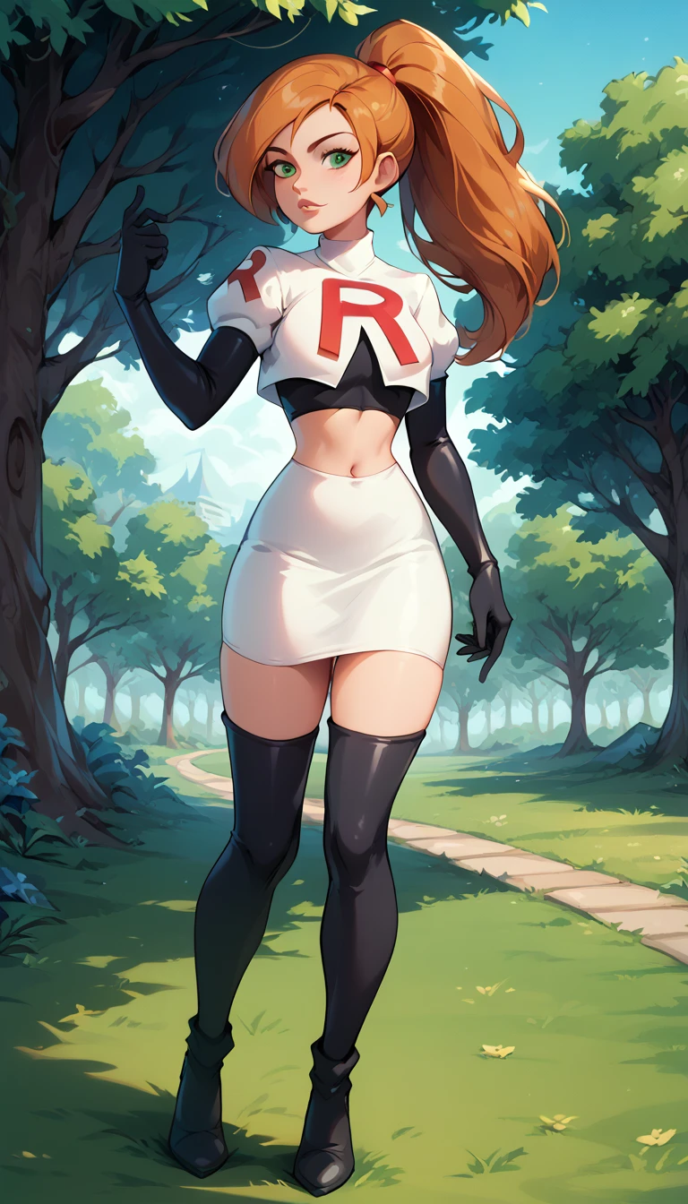 1girl, solo, Kim Possible, ponytail, Cosplay_TeamRocket, team rocket uniform, white jacket, cropped jacket, white skirt, elbow gloves, black thigh highs, heels, in beautiful green park, trees.